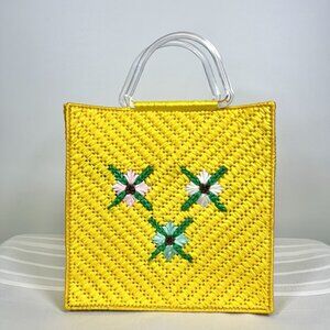 Vintage 70s Plastic Raffia MCM Artisan Handwoven Bag Purse Lucite Handles Boho